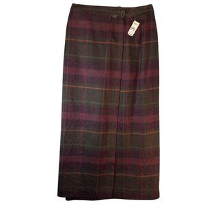 Talbots Womens Size 8 Wool Tartan Midi Wrap Skirt Burgundy Plaid Made In USA NWT